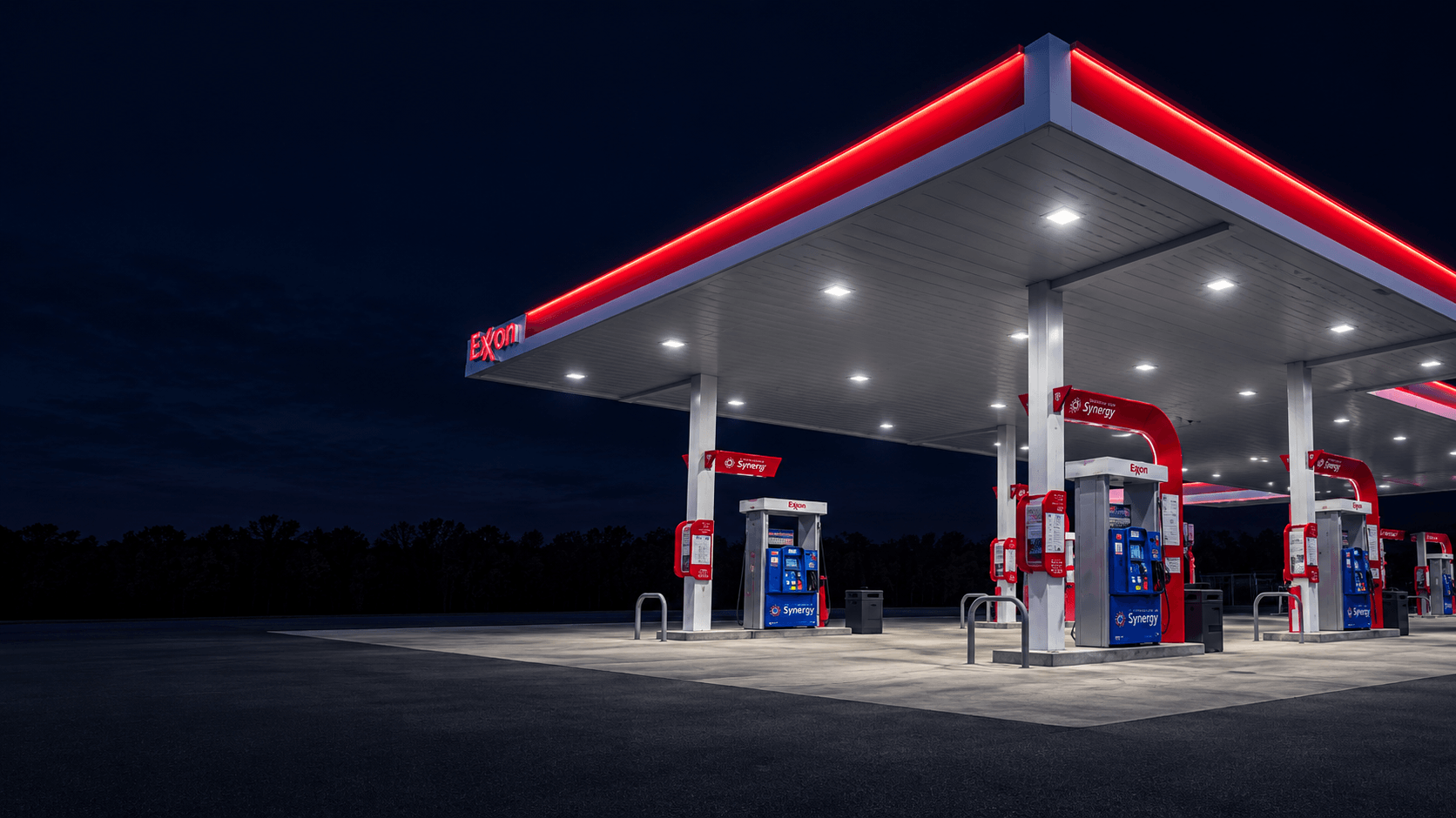 Modern commercial gas station canopy and petroleum fueling forecourt engineered by The APEC Group
